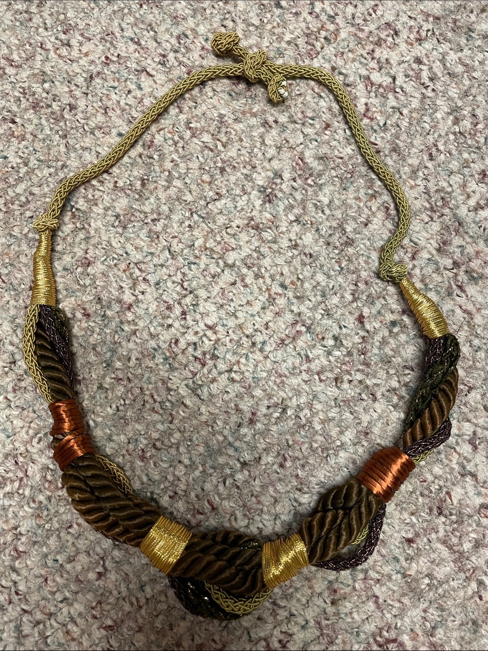 Vintage Gold and Brown fabric Twisted Statement Necklace with Copper Accents